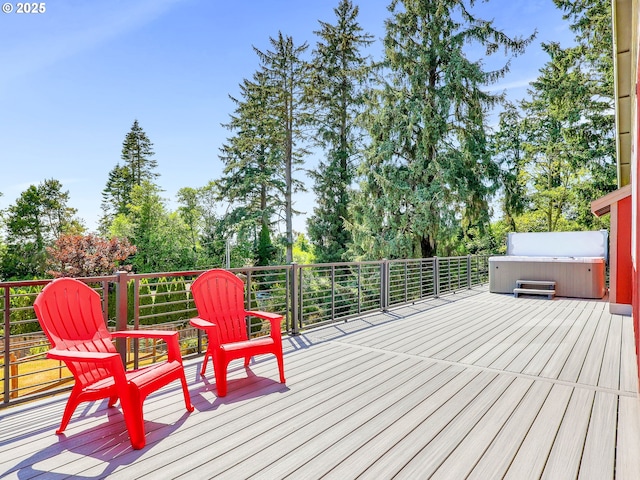 104 S Pl, Astoria, OR 97103 - wooden deck featuring a hot tub and view of scattered trees