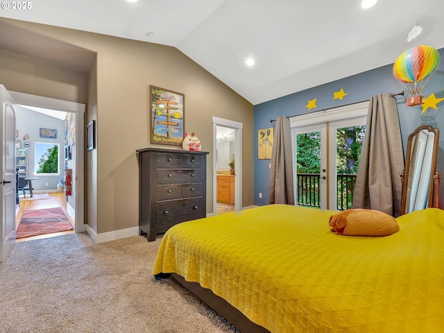 104 S Pl, Astoria, OR 97103 - bedroom featuring access to outside, vaulted ceiling, multiple windows, recessed lighting, and light colored carpet
