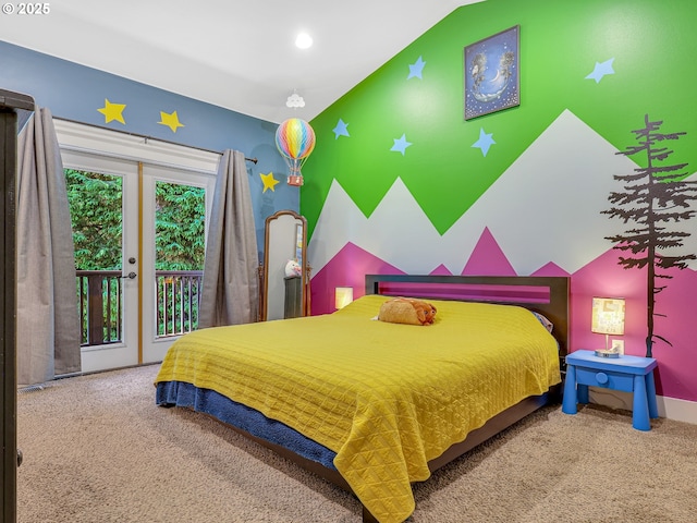 104 S Pl, Astoria, OR 97103 - carpeted bedroom featuring vaulted ceiling, access to exterior, and recessed lighting