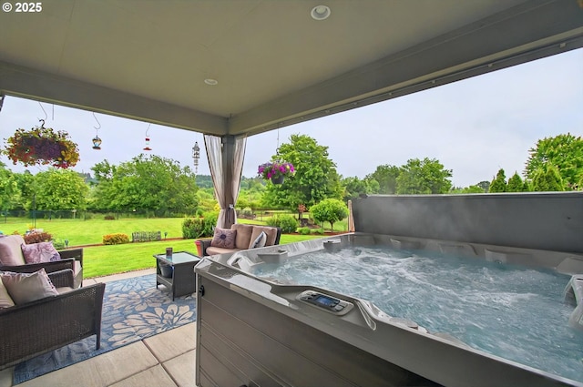 16215 NE 171st Ct, Brush Prairie, WA 98606 - view of patio featuring a hot tub and an outdoor living space