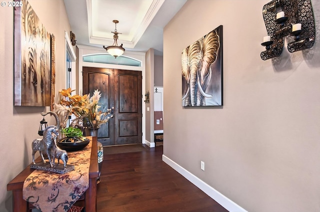 16215 NE 171st Ct, Brush Prairie, WA 98606 - foyer entrance featuring baseboards, wood finished floors, and a tray ceiling