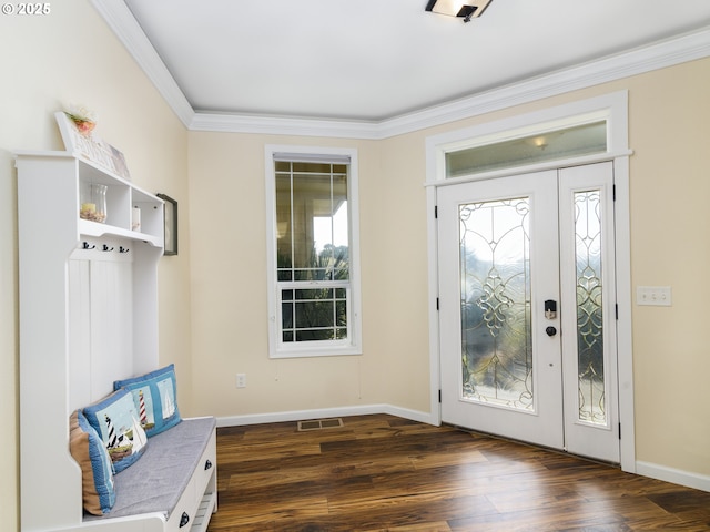 54179 Gould Rd, Bandon, OR 97411 - foyer with dark wood finished floors, crown molding, healthy amount of natural light, and baseboards