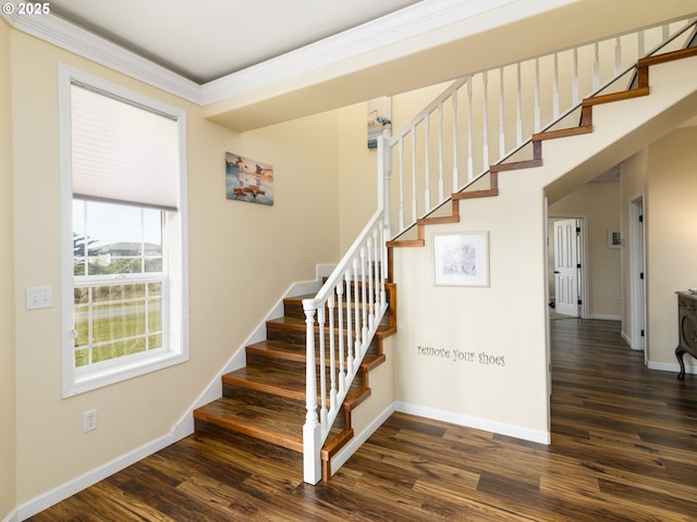 54179 Gould Rd, Bandon, OR 97411 - stairs with wood finished floors, baseboards, and ornamental molding