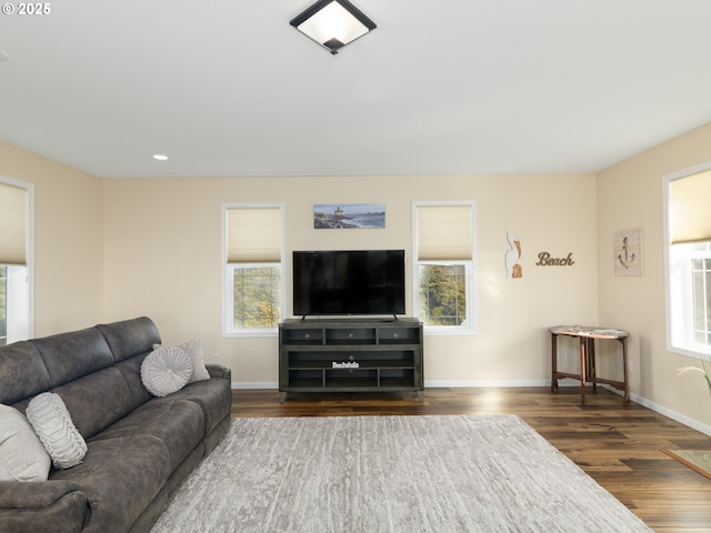 54179 Gould Rd, Bandon, OR 97411 - living area featuring dark wood finished floors, plenty of natural light, baseboards, and recessed lighting
