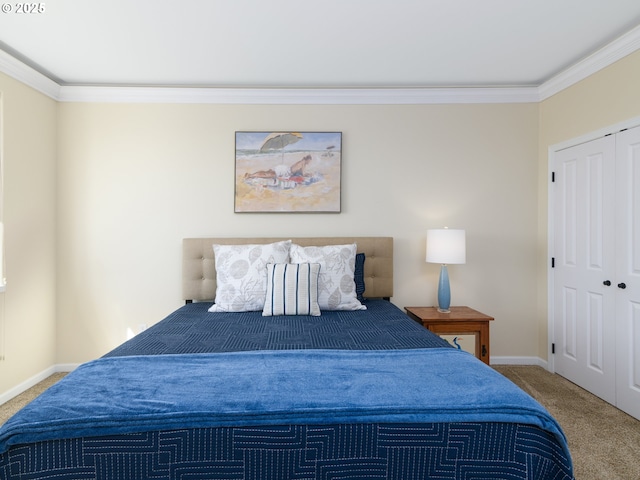 54179 Gould Rd, Bandon, OR 97411 - carpeted bedroom featuring crown molding, baseboards, and a closet