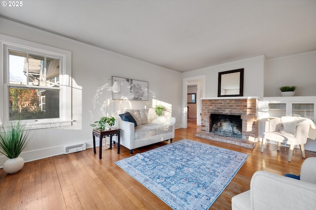 living room with hardwood / wood-style flooring and a fireplace