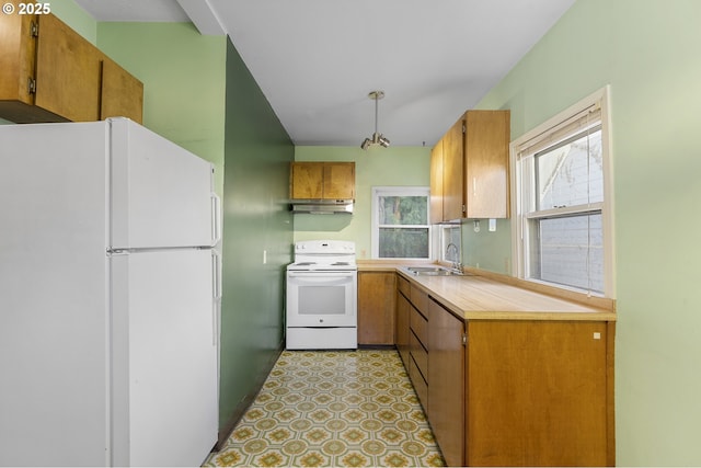 1904 SE Alder St, Portland, OR 97214 - kitchen with white appliances, under cabinet range hood, a sink, brown cabinets, and light countertops