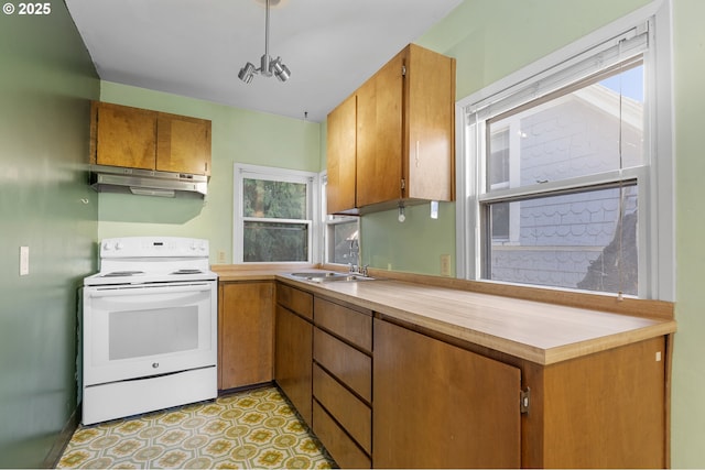 1904 SE Alder St, Portland, OR 97214 - kitchen featuring white range with electric stovetop, under cabinet range hood, healthy amount of natural light, and a sink