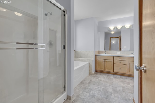 13007 SE Raymond Ct, Portland, OR 97236 - bathroom with a stall shower, double vanity, a garden tub, and stone finish flooring