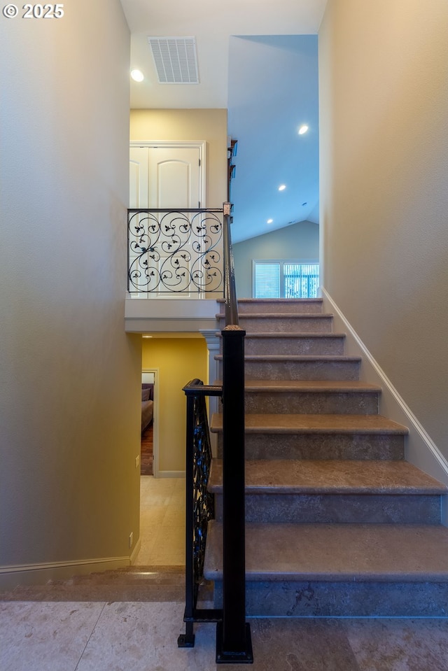 703 SE Keel Ave, Lincoln City, OR 97367 - staircase with high vaulted ceiling, recessed lighting, visible vents, and baseboards