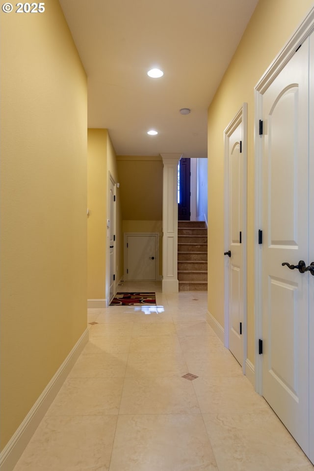 703 SE Keel Ave, Lincoln City, OR 97367 - hall featuring recessed lighting, decorative columns, baseboards, and stairs