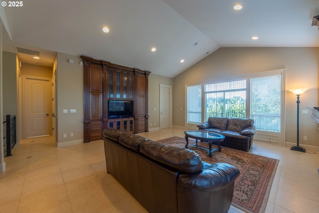 703 SE Keel Ave, Lincoln City, OR 97367 - living room featuring lofted ceiling, baseboards, visible vents, and light tile patterned flooring