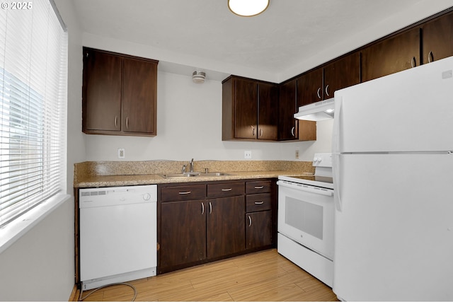 522 River Loop Unit 2, Eugene, OR 97404 - kitchen featuring white appliances, under cabinet range hood, light wood-type flooring, and dark brown cabinets