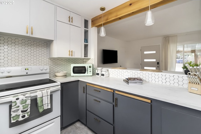 kitchen with white appliances, white cabinets, backsplash, and beam ceiling