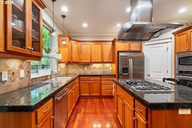 2036 NW Village Cir, Portland, OR 97229 - kitchen featuring a sink, stainless steel appliances, island range hood, dark wood finished floors, and brown cabinets