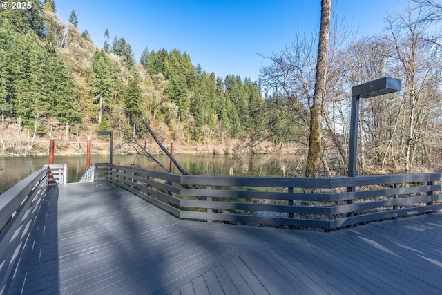 wooden terrace featuring a water view