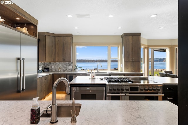 kitchen featuring premium appliances, plenty of natural light, and a water view