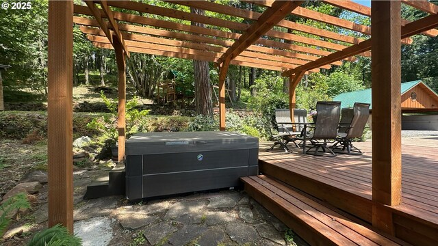 86561 R R Baker Rd, Springfield, OR 97478 - wooden deck featuring outdoor dining area, a pergola, and a hot tub