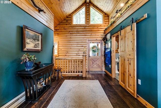 86561 R R Baker Rd, Springfield, OR 97478 - foyer featuring rustic walls, wood ceiling, wood-type flooring, healthy amount of natural light, and a barn door