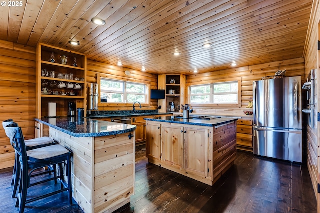 86561 R R Baker Rd, Springfield, OR 97478 - kitchen featuring open shelves, stainless steel appliances, wood ceiling, a peninsula, and dark wood-type flooring
