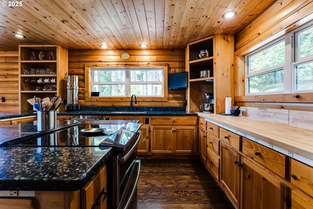 86561 R R Baker Rd, Springfield, OR 97478 - kitchen featuring open shelves, black electric range oven, a sink, wooden ceiling, and dark wood-style floors