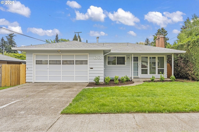 ranch-style house with a chimney, a front yard, fence, concrete driveway, and an attached garage