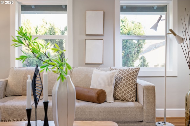 living area with a healthy amount of sunlight and hardwood / wood-style floors