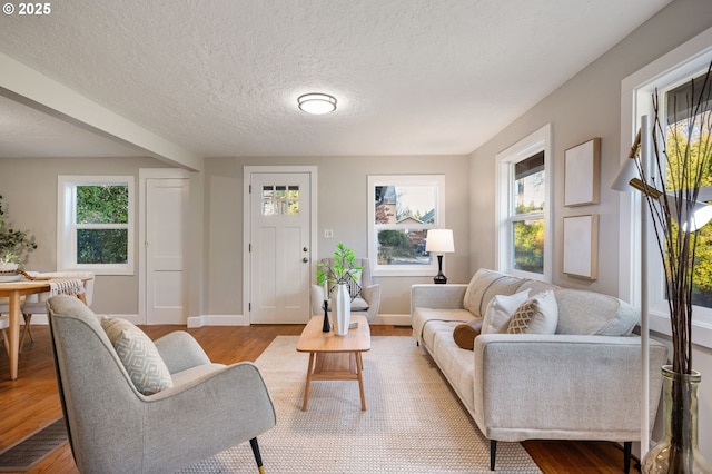 living room with light hardwood / wood-style floors and a textured ceiling