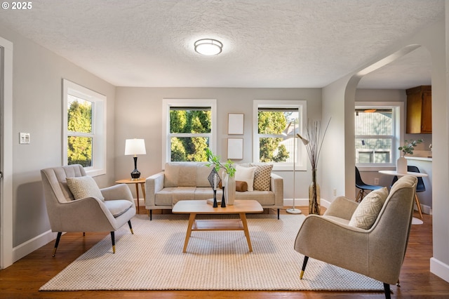 living room featuring hardwood / wood-style floors and a textured ceiling