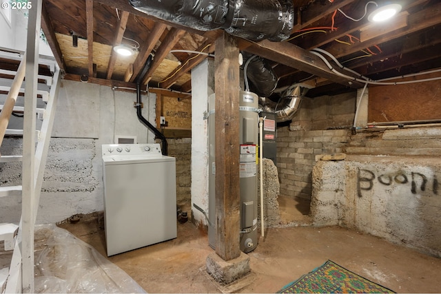 unfinished below grade area with secured water heater and washer / dryer