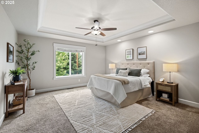 12795 Lindsay Anne Ln, Oregon City, OR 97045 - carpeted bedroom with a tray ceiling, baseboards, recessed lighting, and ceiling fan