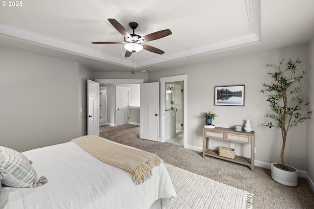 12795 Lindsay Anne Ln, Oregon City, OR 97045 - carpeted bedroom with a tray ceiling, baseboards, ensuite bathroom, crown molding, and ceiling fan