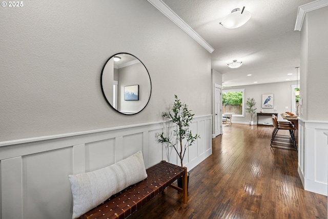 12795 Lindsay Anne Ln, Oregon City, OR 97045 - hall featuring wood finished floors, a wainscoted wall, ornamental molding, and a decorative wall