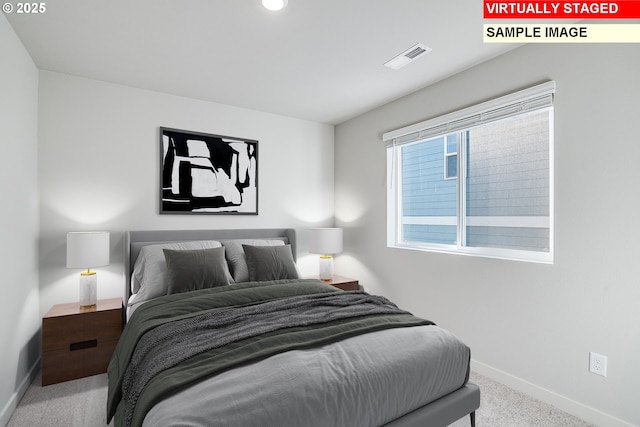 bedroom featuring recessed lighting, visible vents, baseboards, and carpet floors