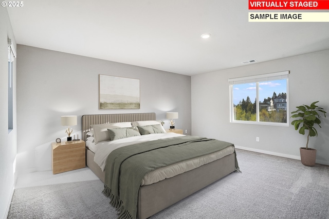 bedroom with carpet flooring, baseboards, visible vents, and recessed lighting
