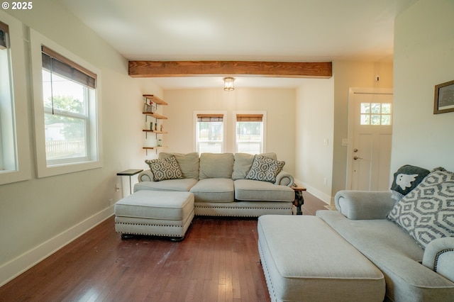 living room featuring baseboards, beamed ceiling, and dark wood-type flooring
