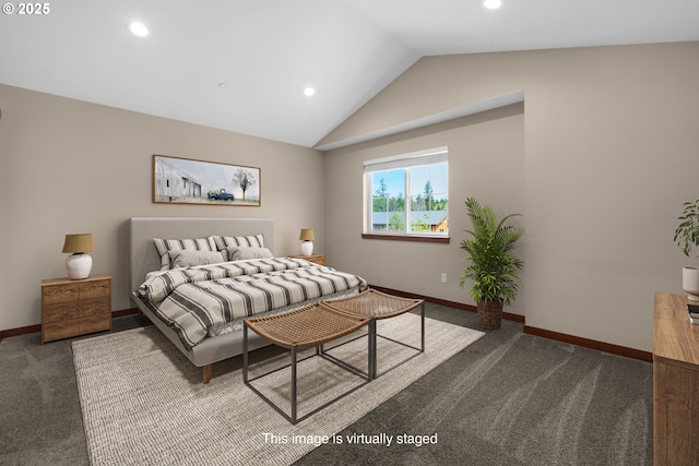 bedroom featuring recessed lighting, lofted ceiling, and dark colored carpet