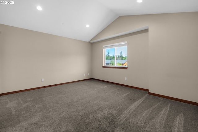 carpeted spare room with baseboards, recessed lighting, and lofted ceiling