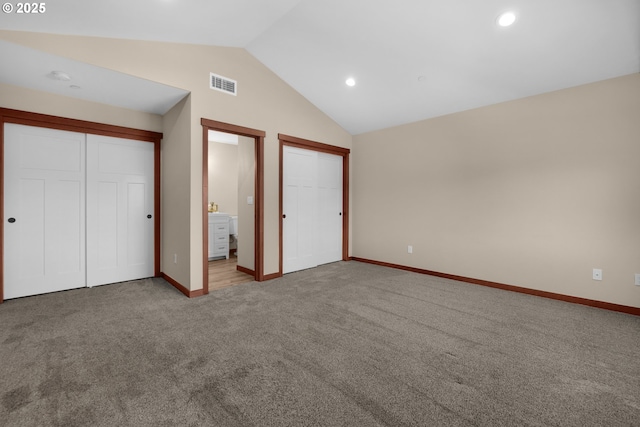unfurnished bedroom featuring visible vents, baseboards, recessed lighting, carpet flooring, and vaulted ceiling