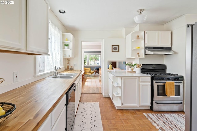 3620 NE 80th Ave, Portland, OR 97213 - kitchen with open shelves, gas stove, under cabinet range hood, and a sink