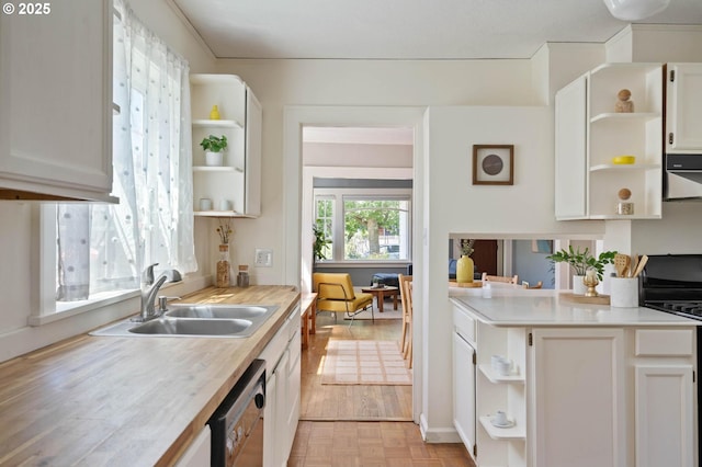 3620 NE 80th Ave, Portland, OR 97213 - kitchen with open shelves, range, black dishwasher, and light countertops