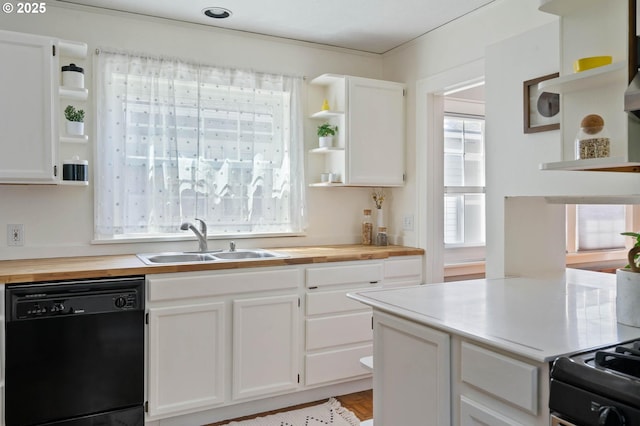 3620 NE 80th Ave, Portland, OR 97213 - kitchen featuring open shelves, dishwasher, a sink, and wood counters