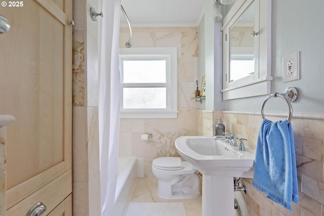 3620 NE 80th Ave, Portland, OR 97213 - bathroom with tile walls, ornamental molding, toilet, shower / bathtub combination with curtain, and tile patterned flooring