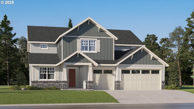 5591 N 87th Ave, Camas, WA 98607 - craftsman house with board and batten siding, stone siding, driveway, a front yard, and a shingled roof