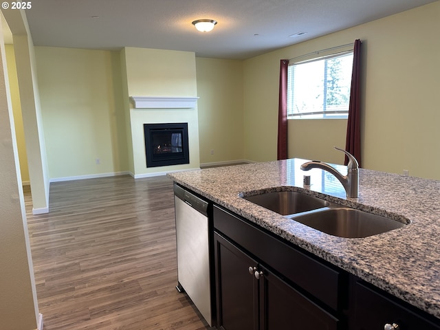 kitchen featuring dishwasher, a sink, wood finished floors, light stone counters, and a glass covered fireplace