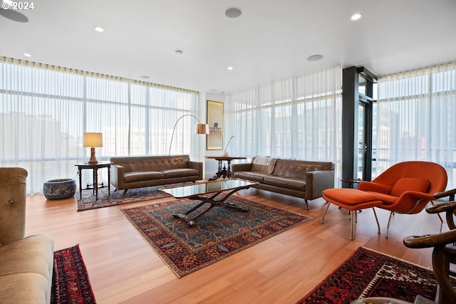 living room featuring a wall of windows, a healthy amount of sunlight, and wood finished floors