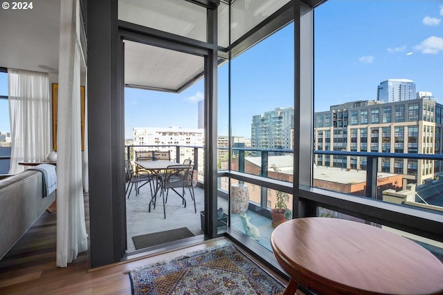 sunroom with a city view