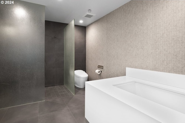 full bathroom with visible vents, walk in shower, tile patterned floors, and toilet