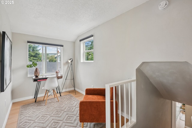 office featuring healthy amount of natural light, light wood-style floors, a textured ceiling, vaulted ceiling, and baseboards
