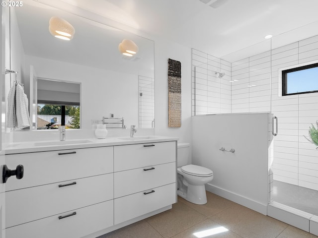 bathroom with toilet, a shower stall, and double vanity